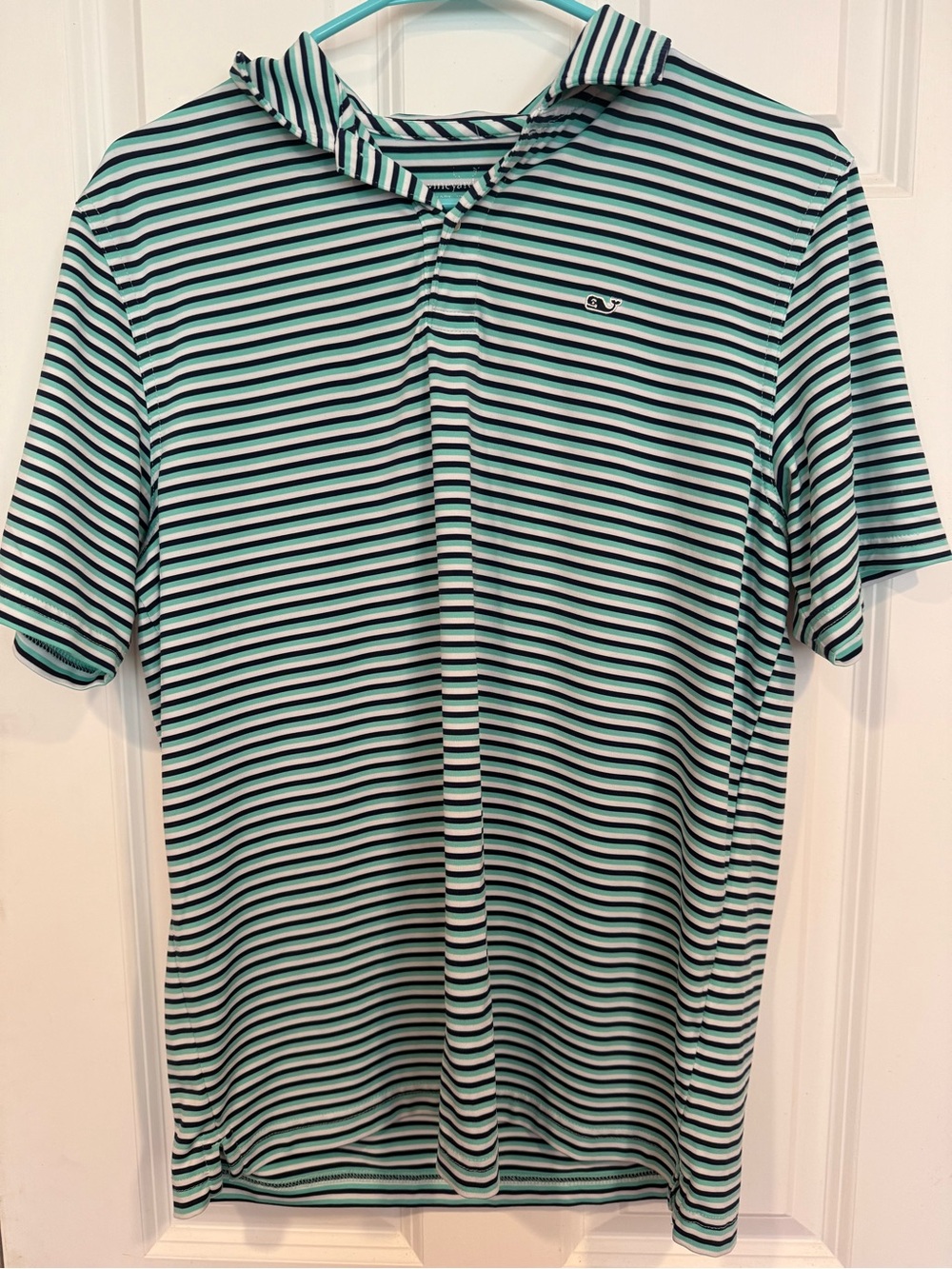 Vineyard Vines Men's Striped Hooded Polo in Teal, White and Navy